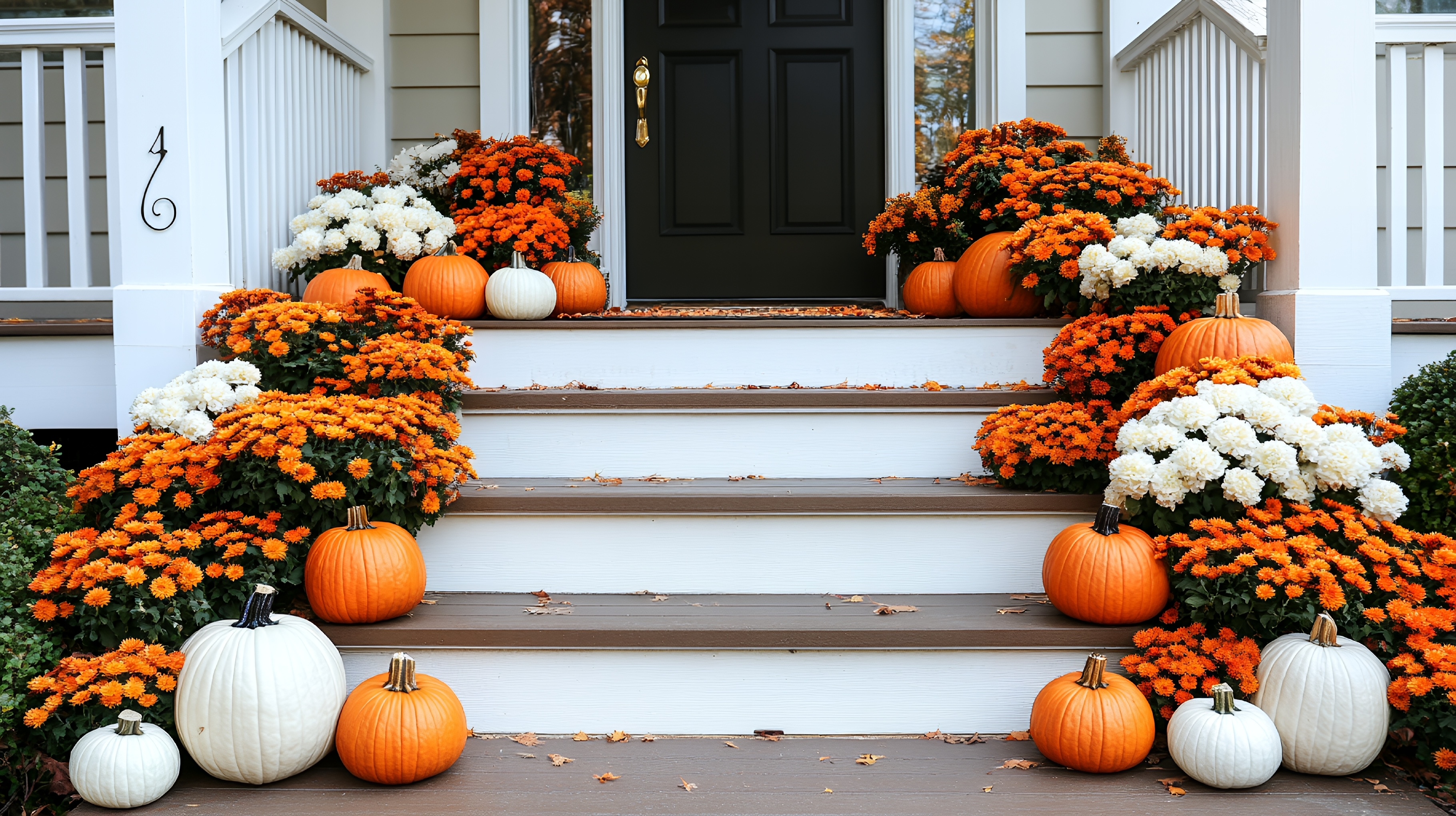 White pumpkins and orange mums cascading down porch steps