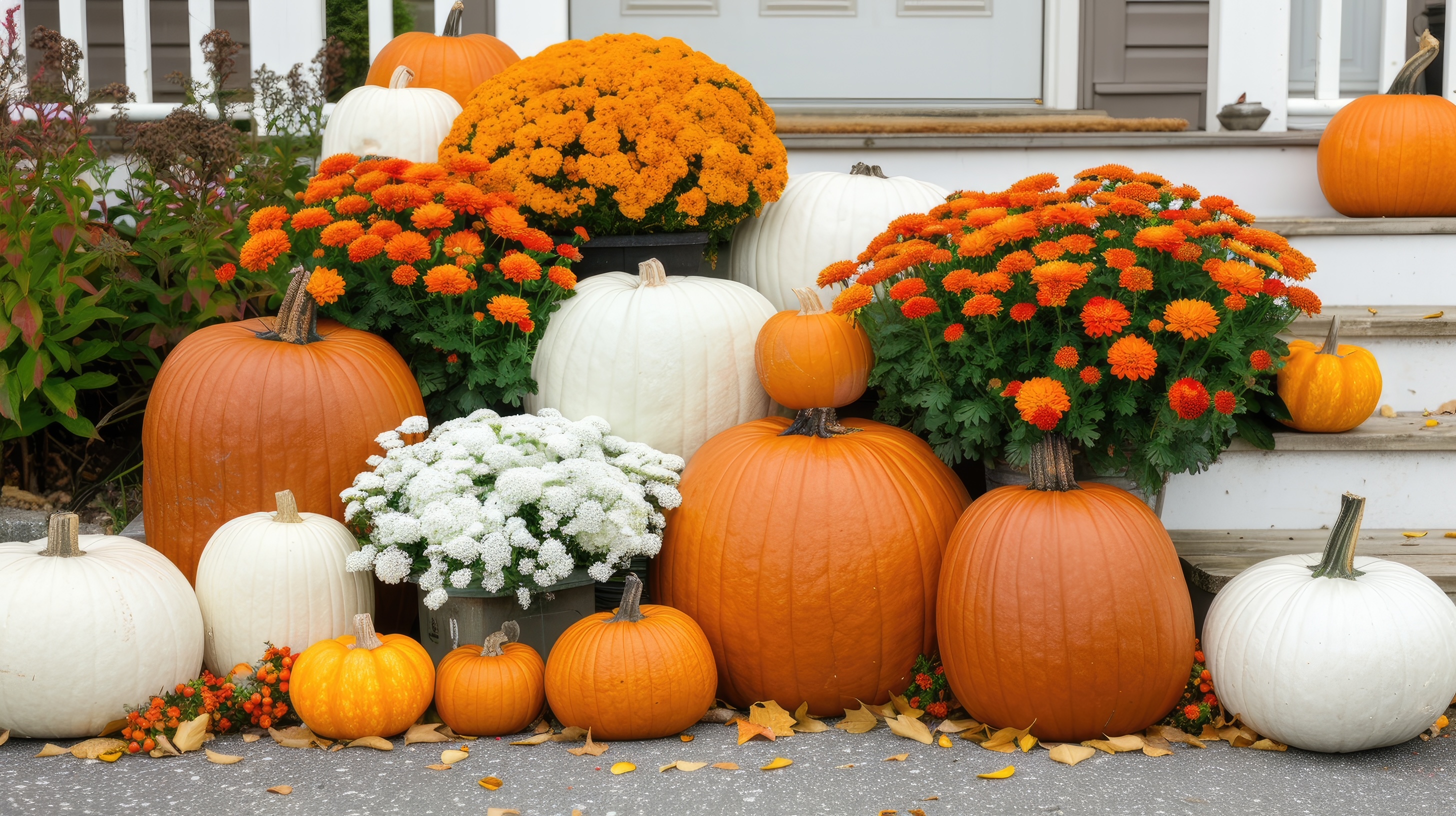 Pumpkins and mums arranged on front steps