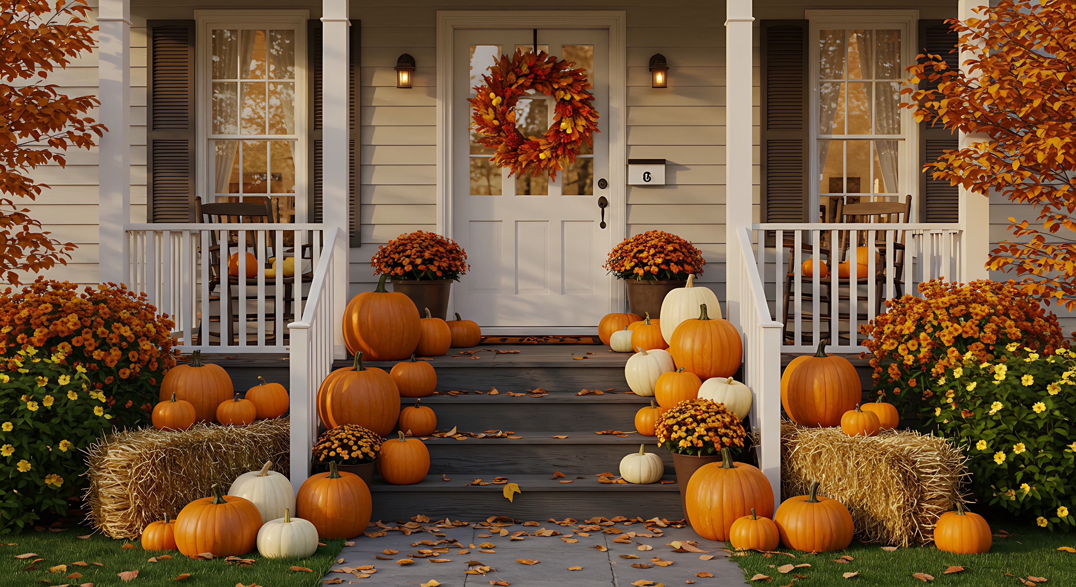 Classic porch with hay bales and abundant pumpkin display